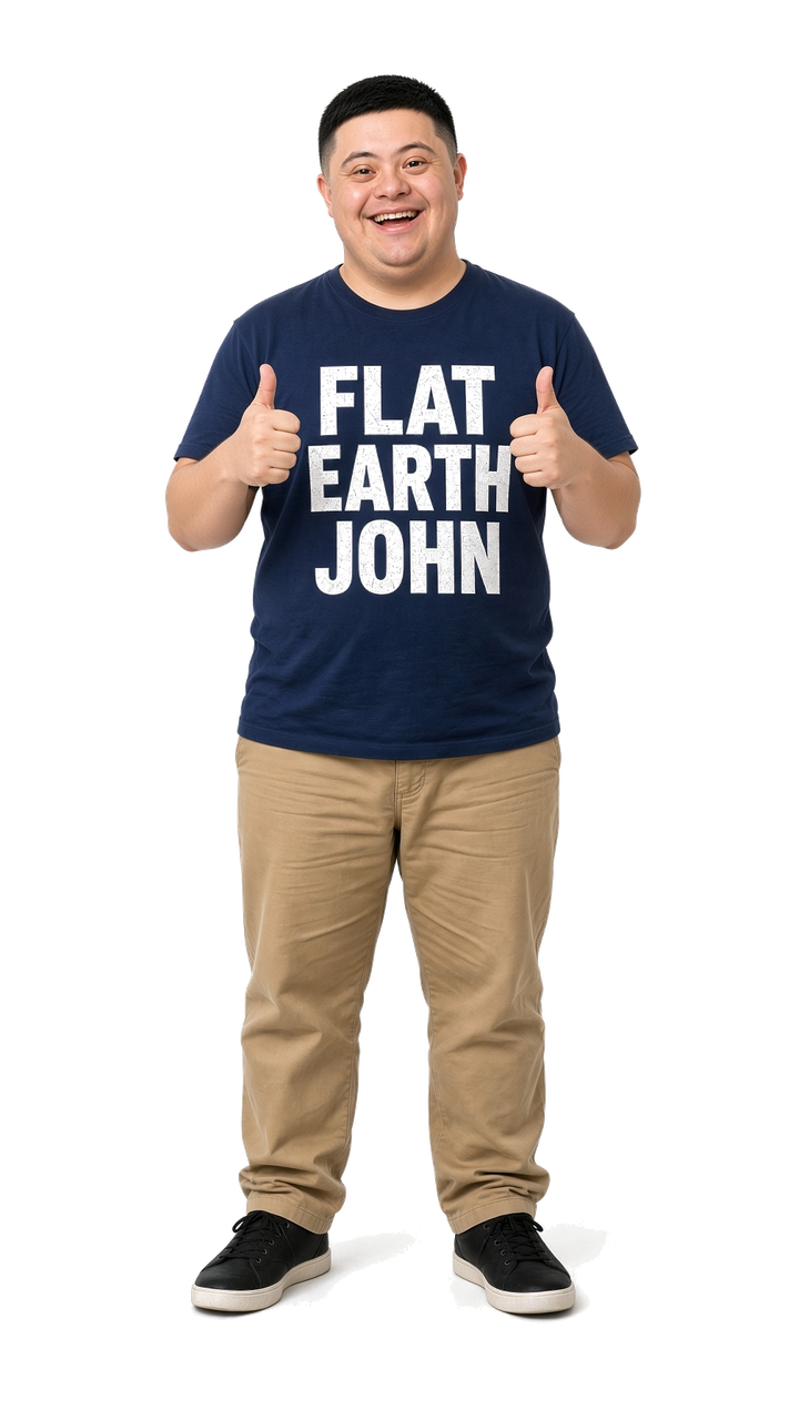 Flat Earth John giving two thumbs up in a FLAT EARTH JOHN shirt